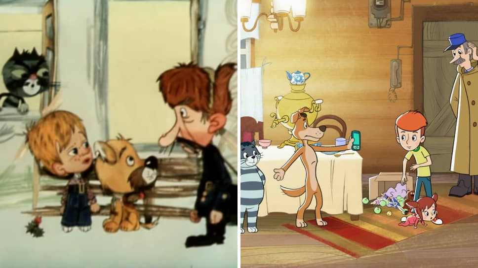 В 1975 году вышла первая экранизация повести Эдуарда Успенского «Дядя Федор, пес и кот» (слева). Внешний вид главных героев сильно отличался от того, как выглядели персонажи в ставшем классическим мультфильме «Трое из Простоквашино» (1978). В 2018 году «Союзмультфильм» выпустил цикл из новых историй о дяде Федоре (справа), в котором внешний вид героев был вдохновлен версией именно 1978 года