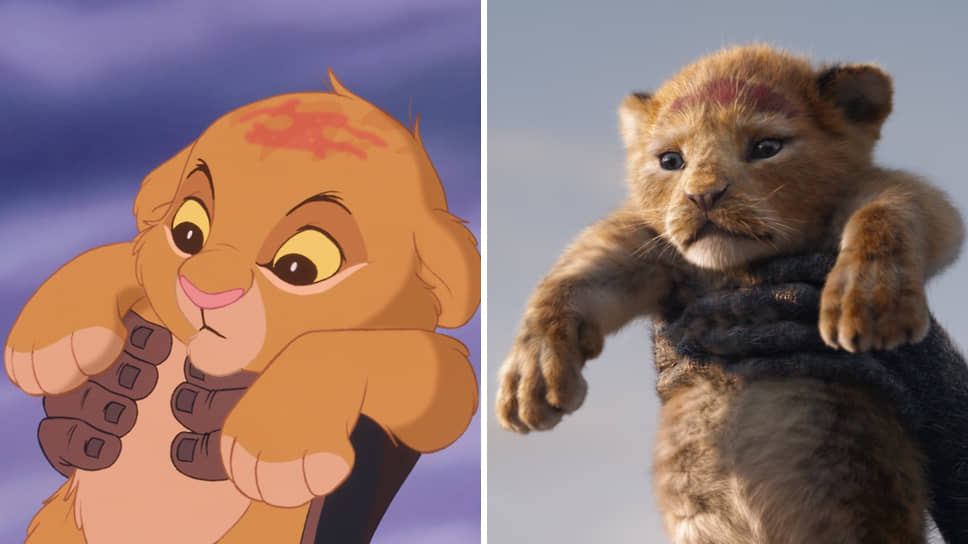Оригинальный «Король лев» (слева) был выпущен в 1994 году и стал одним из самых успешных рисованных анимационных фильмов в истории. В 2019 году в рамках политики Disney по созданию ремейков своих классических мультфильмов «Короля льва» пересняли, но уже с помощью компьютерной анимации (справа)