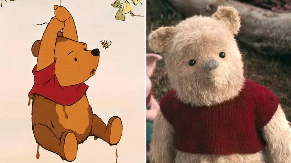 Первое появление Винни-Пуха в кино состоялось в мультфильме «Винни Пух и Медовое дерево» в 1966 году (слева), за несколько лет до появления советской версии. Образ желтого медвежонка с красной футболкой перешел также и в фильм «Кристофер Робин» (2018) — там Винни Пух был нарисован с помощью компьютерной анимации (справа), а сама картина получила номинацию на «Оскар» за лучшие спецэффекты