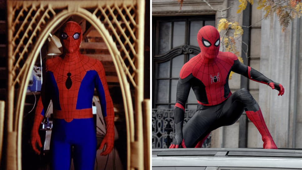Впервые на экранах супергерой Человек-паук появился в телевизионном фильме 1977 года под названием «Удивительный Человек-паук» (слева). Дизайн костюма претерпел изменения в следующих экранизациях, а в последней кинотрилогии (2017-2021) в цветах трико вместо синего стал преобладать черный. В последнем вышедшем фильме «Человек-паук: Нет пути домой» (2021) у персонажа появился новый костюм, вдохновленный дизайном Железного человека (справа)