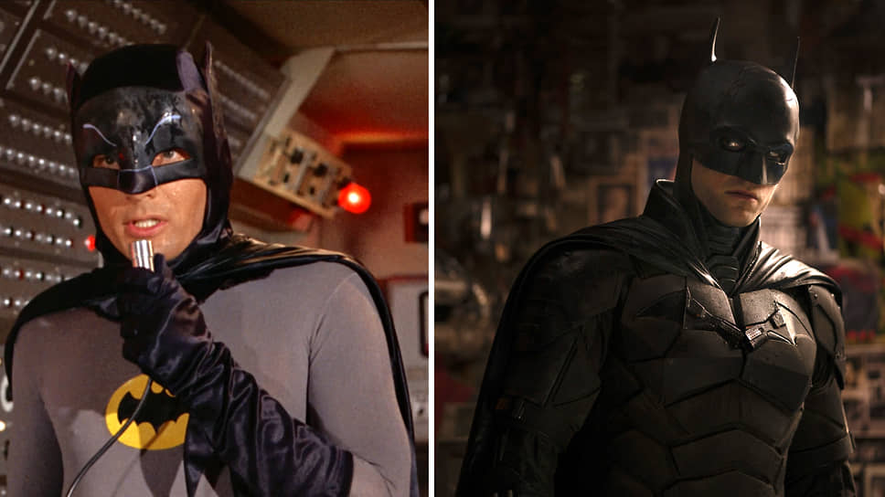 Сериал 1966 года о Бэтмене (слева) запомнился не только как первый успешный кинопроект об этом супергерое, но и дизайном костюмов, который повторял оформление из комиксов, включая трусы поверх трико. В последних экранизациях, включая «Бэтмен» (2022), костюм персонажа скорее напоминает броню (справа)