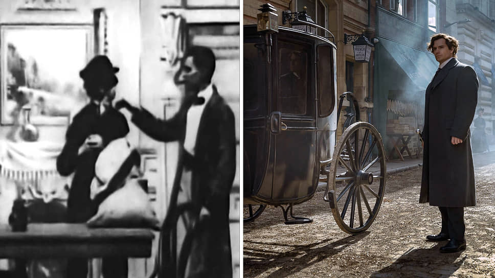 Персонаж Шерлока Холмса впервые появился на экранах в 1900 году. Американский «Озадаченный Шерлок Холмс» (слева) был немым фильмом и долгое время считался утраченным, пока его копию не нашли и не восстановили в 1968 году. Последний раз в кино Шерлок Холмс появлялся в 2022 году в фильме «Энола Холмс 2» — его образ на экране воплотил Генри Кавилл (справа)