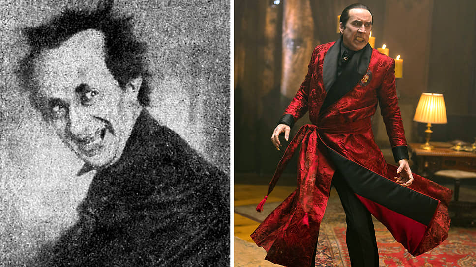 Венгерский немой фильм «Смерть Дракулы» 1921 года являлся первой картиной, в которой появился одноименный вампир из романа Брэма Стокера. На сегодня картина считается утраченной, сохранились лишь несколько кадров (слева). Образ Дракулы последним на сегодня исполнил Николас Кейдж в фильме «Ренфилд» (2023)