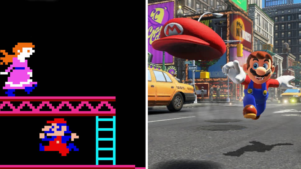 Персонаж водопроводчика Марио впервые появился в видеоигре 1981 года Donkey Kong — там его дизайн был ограничен маленьким разрешением и 2D-перспективой. В последней на сегодня основной игре серии Super Mario Odyssey (2017) Марио полностью трехмерный (справа)