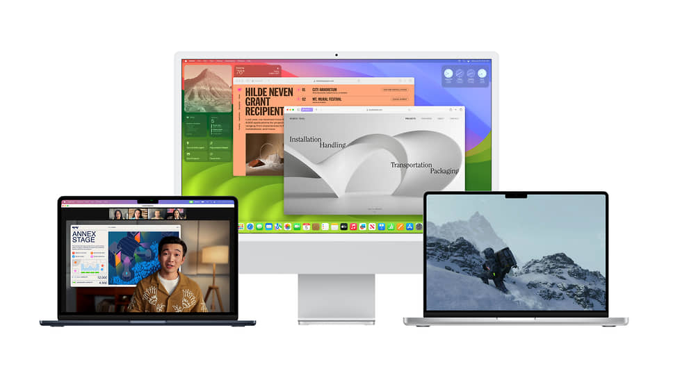 Новая версия операционной системы macOS, под названием Sonoma. Среди прочего компания улучшила видеоконференции. Например, в новой операционной системе пользователи смогут «вырезать» себя из ролика и расположить поверх любого другого контента, например, презентации (как на фото слева)
