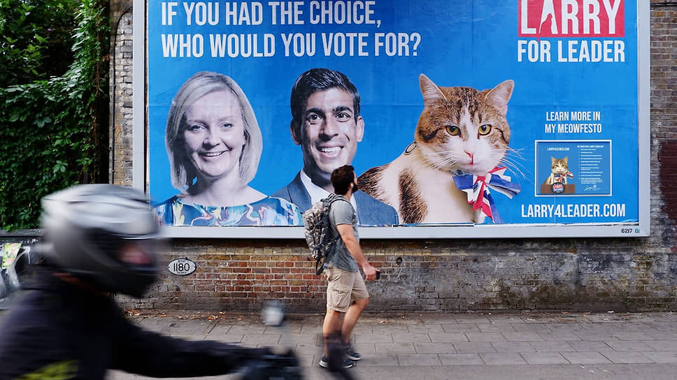 «Единственный кандидат с чистыми лапками» &lt;br>
В августе 2022 года в Лондоне появились предвыборные плакаты с кандидатами на пост главы Консервативной партии Великобритании Лиз Трасс и Риши Сунаком. Рядом c ними поместили фото кота Ларри, который постоянно проживает в резиденции премьер-министра страны на Даунинг-стрит. Слоган на плакате звучал так: «Ларри в лидеры. Если бы ты мог выбрать, за кого из них ты бы проголосовал?»