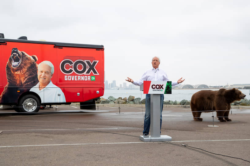 В мае 2021 года кандидат в губернаторы Калифорнии Джон Кокс появился на предвыборном митинге вместе с медведем. Таким образом Кокс намекал, что противник Гэвин Ньюсом слишком нежен и не годится для мира дикой политики. Несмотря на то что медведь изображен на флаге Калифорнии и любим в этом штате, избиратели проголосовали за Ньюсома 