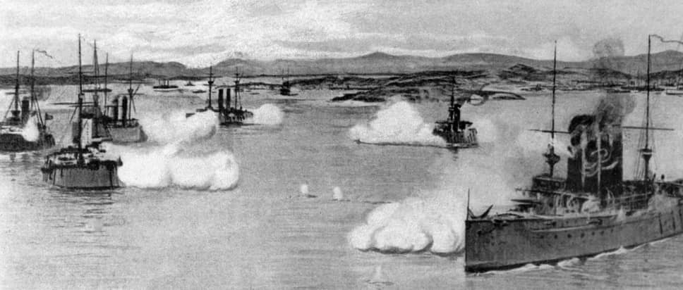 Крейсер «Варяг» и канонерская лодка «Кореец» ведут бой с японской эскадрой 9 февраля (27 января) 1904 года