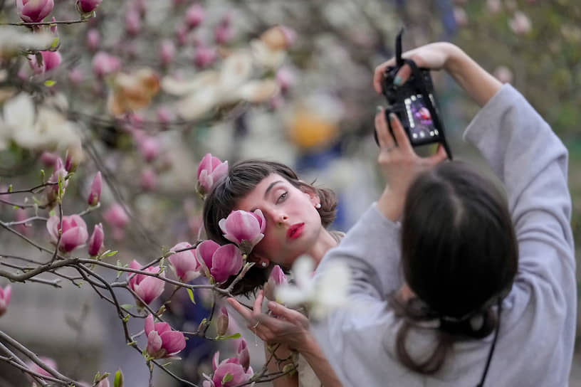 Киев. Женщины фотографируются возле магнолий 