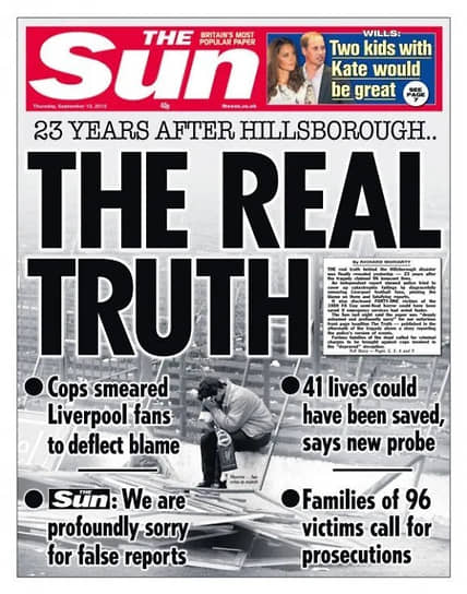 В 2012 году The Sun опубликовала материал «Реальная правда», в котором признала ошибку и назвала день публикации о трагедии «самым черным днем в своей истории»