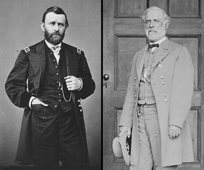 9 апреля 1865 года главнокомандующий армией северян генерал Улисс Грант (слева) и главнокомандующий армией южан генерал Роберт Ли (справа) подписали акт о капитуляции армии южан