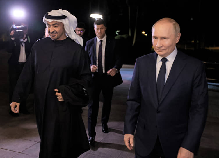 С президентом ОАЭ Мухаммедом Бен Заидом Аль Нахайяном в в резиденции в Ново-Огарево, 20 октября 2024 года