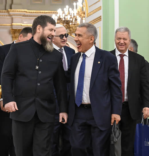 Слева направо: глава Чечни Рамзан Кадыров, президент Российского союза промышленников и предпринимателей Александр Шохин, глава Татарстана Рустам Минниханов и президент Федерации независимых профсоюзов России Михаил Шмаков перед заседанием Госсовета РФ, 2024 год