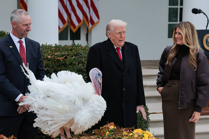 Ежегодно для церемонии помилования выбирают 30 индеек, которые проходят специальную подготовку — их приучают к людям и шуму. Из них отбирают двух финалисток: главную претендентку и ее «дублершу». Президент символически милует одну из них, а вторая становится запасной на случай непредвиденных обстоятельств. Помилованная птица и ее напарница избегают участи стать традиционным праздничным блюдом и отправляются в один из зоопарков
&lt;br>На фото: Дональд и Мелания Трамп с индейкой Гобблом