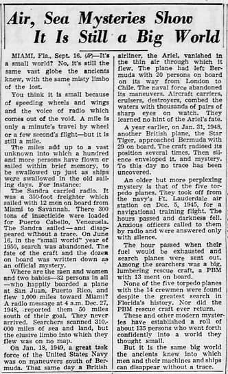 Материал агентства Associated Press о таинственных исчезновениях кораблей и самолетов у берегов Флориды перепечатали в сентябре 1950 года многие американские газеты