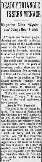 Содержание статьи Гаддиса о Бермудском треугольнике в журнале Argosy пересказывали американские газеты