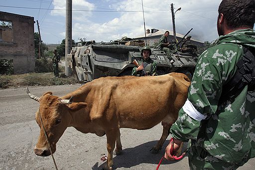 Военнослужащий, боевая техника и корова на улице села Тамарашени (грузинский анклав)