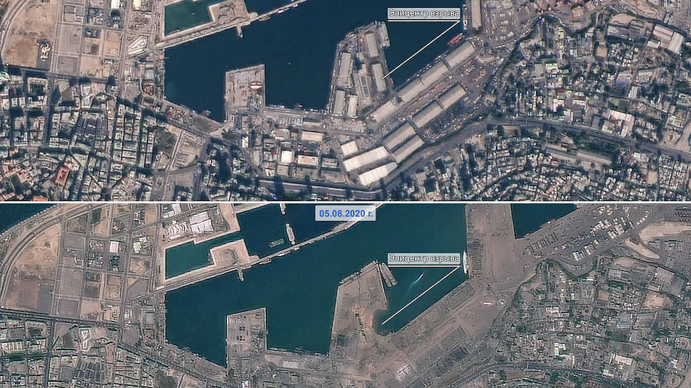 Спутниковая съемка Бейрута, сделанная 4 ноября прошлого года и 5 августа, после взрывов
