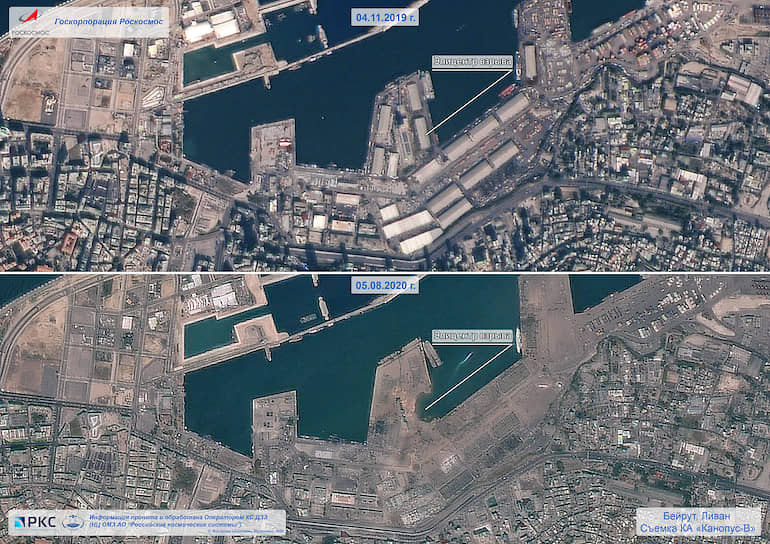 Спутниковая съемка Бейрута, сделанная 4 ноября прошлого года и 5 августа, после взрывов