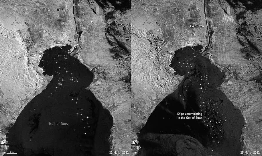 Два снимка, сделанных со спутника с промежутком в четыре дня, показывают, насколько выросло скопление судов на входе в Суэцкий канал уже к 25 марта
