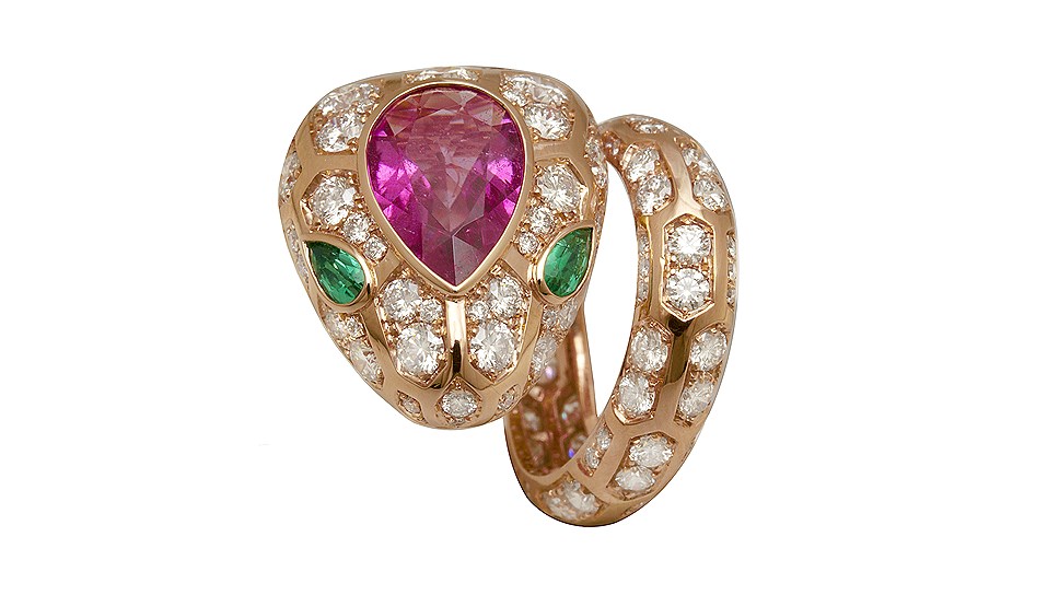 Кольцо Serpenti, розовое золото, рубеллит, изумруды, бриллианты