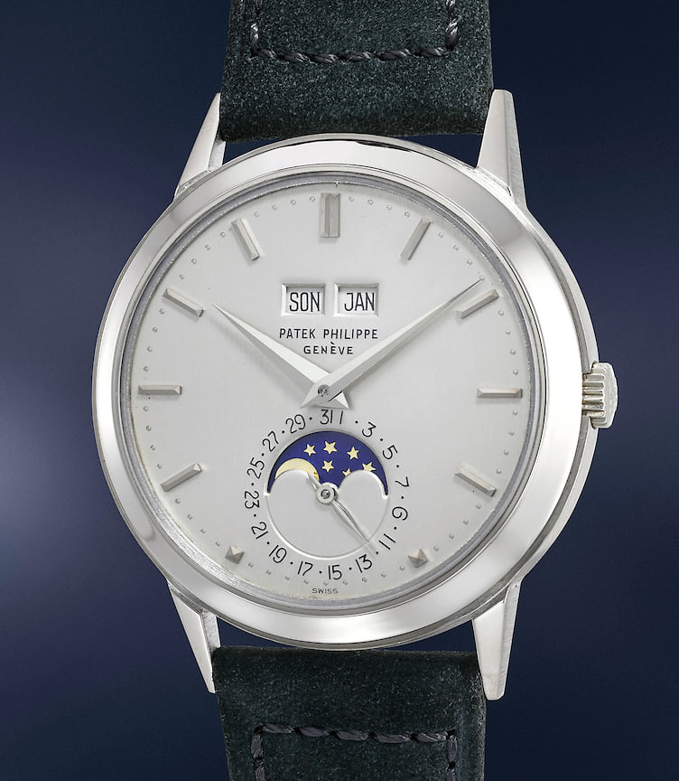 Patek Philippe «Padellone» Ref.3448, 1970 год — CHF 644 000. Часы из белого золота с вечным календарем и индикатором фазы Луны.