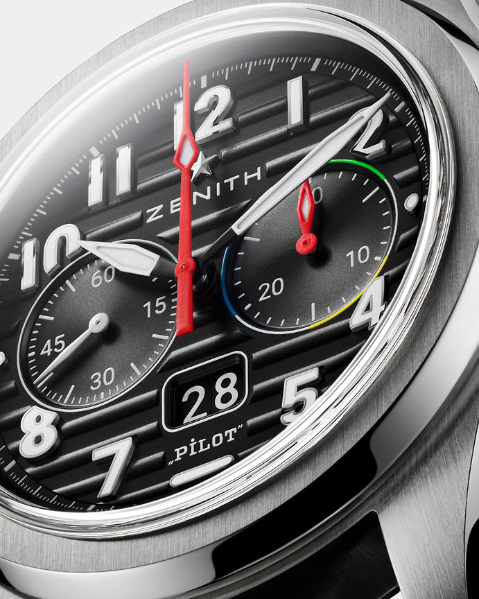 Часы Zenth Pilot Big Date Flyback Steel выполнены по мотивам модели 1997 года El Primero Rainbow Flyback