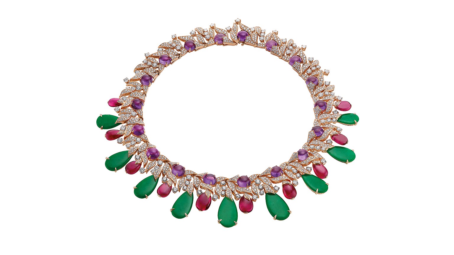 Bvlgari, колье из золота с рубинами и изумрудами, коллекция «Итальянские сады», 2015 