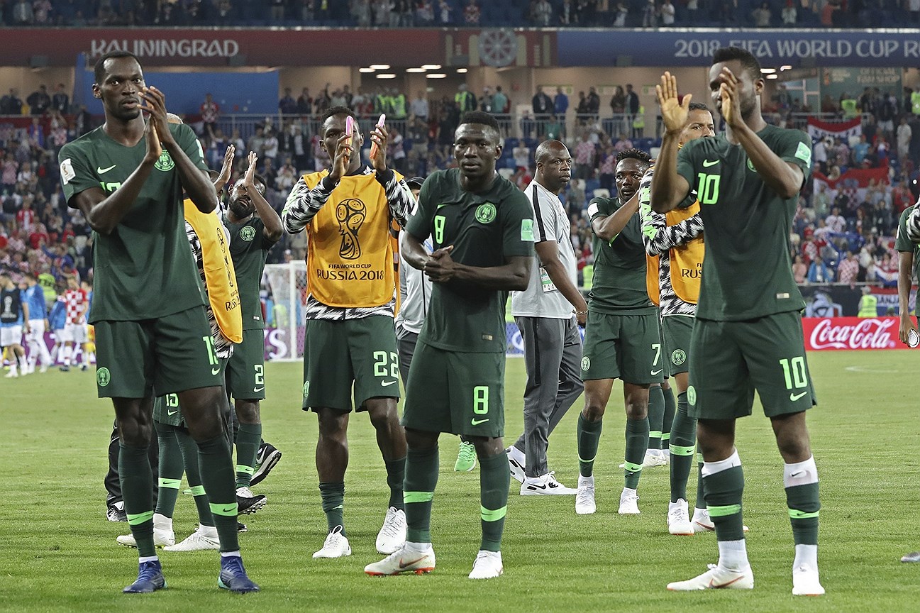 Nigeria players applaud to supporters at the and of the group D match between Croatia and Nigeria at the 2018 soccer World Cup in the Kaliningrad Stadium in Kaliningrad, Russia, Saturday, June 16, 2018. Croatia won 2-0.