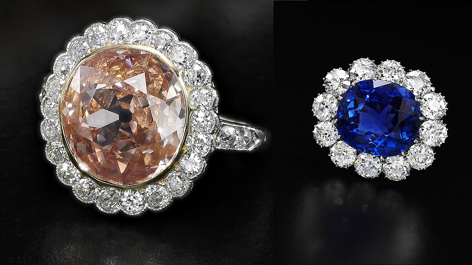 Бриллиантовое кольцо с оранжево-розовым бриллиантом (2,44 карата). Эстимейт $120–180 тыс. Бриллиантовое кольцо с цейлонским сапфиром (30,70 карата). Эстимейт $150–250 тыс.

