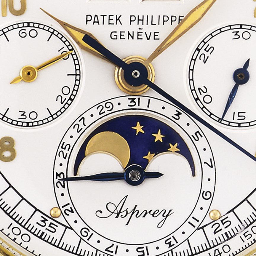 Sotheby’s Important Watches: часы Patek Philippe “The Asprey” ref. 2499, золото, хронограф с вечным календарем и индикатором лунных фаз, 1952 год