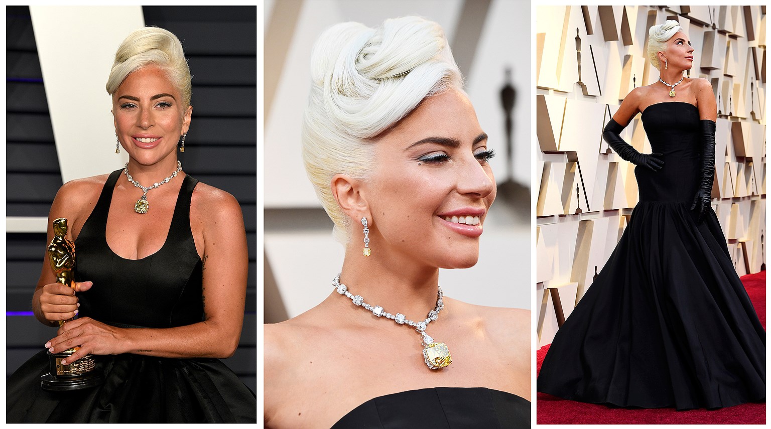 Леди Гага в серьгах и колье Tiffany &amp; Co. из белого золота с историческим бриллиантом Tiffany Yellow весом 128,54 карата, в котором Одри Хепберн снималась для афиши фильма “Завтрак у Тиффани”