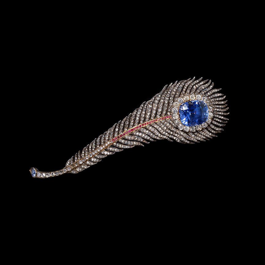 Брошь Feather, золото, сапфир, рубины, бриллианты, Chaumet, около 1870 года