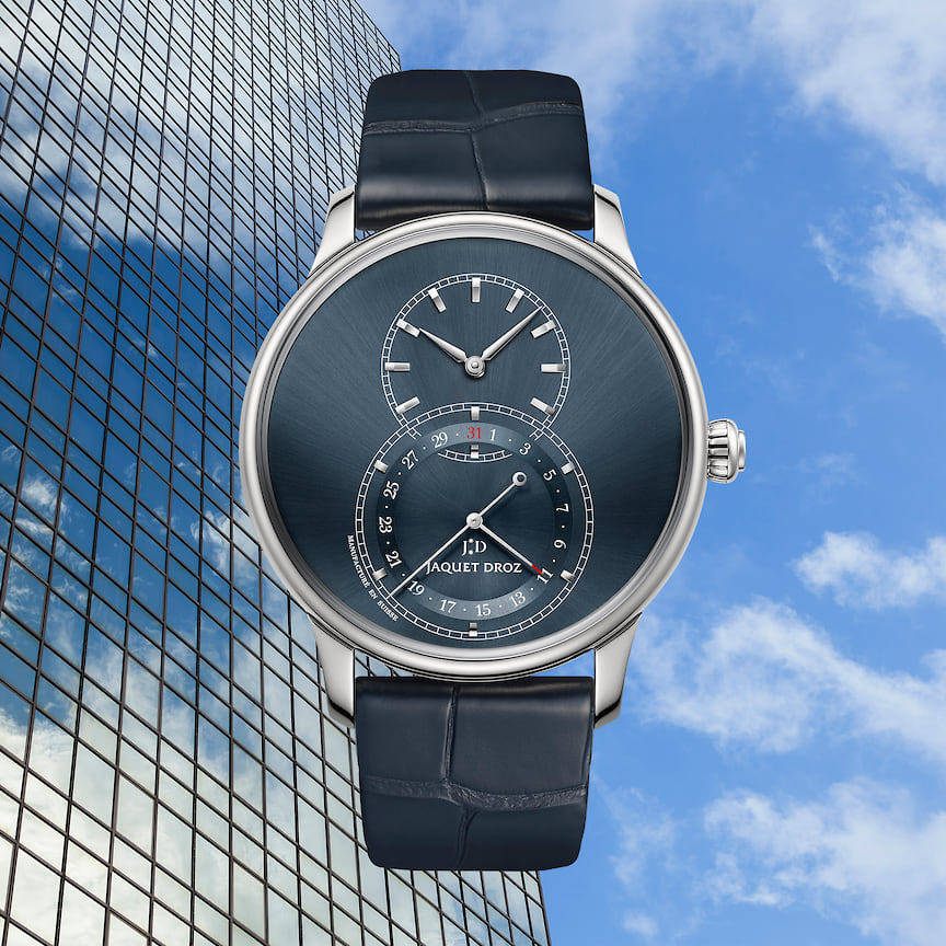 Jaquet Droz, часы Grande Seconde Quantieme, 43мм, сталь, белое золото, механизм с автоматическим подзаводом