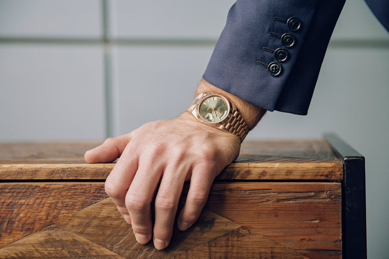 Пиджак Ermenegildo Zegna Exclusively For Andrey Kupreev, часы Rolex Day-Date 40 мм в корпусе и на браслете из розового золота, ЦУМ
