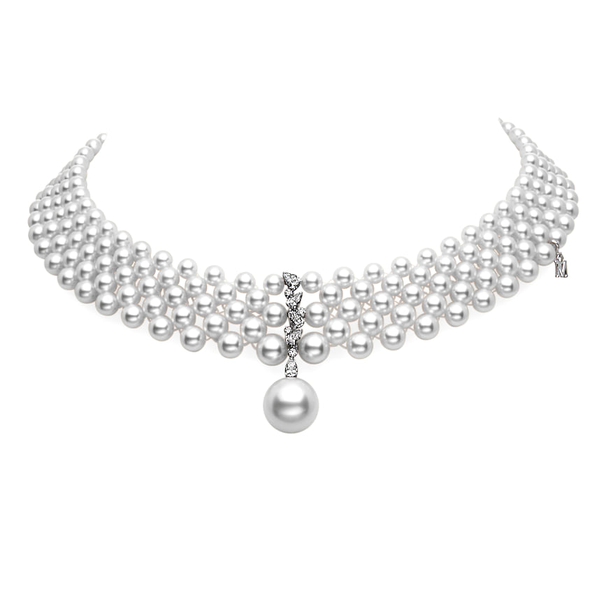 Mikimoto, колье Classic, белое золото, жемчуг, бриллианты