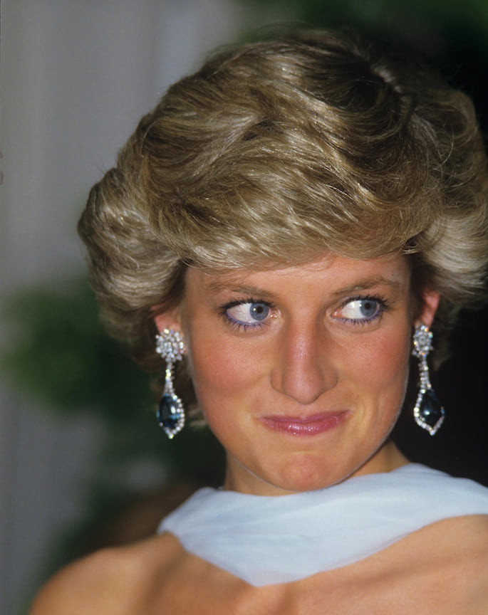 Принцесса Диана в серьгах с сапфирами и бриллиантами, 1987 год
