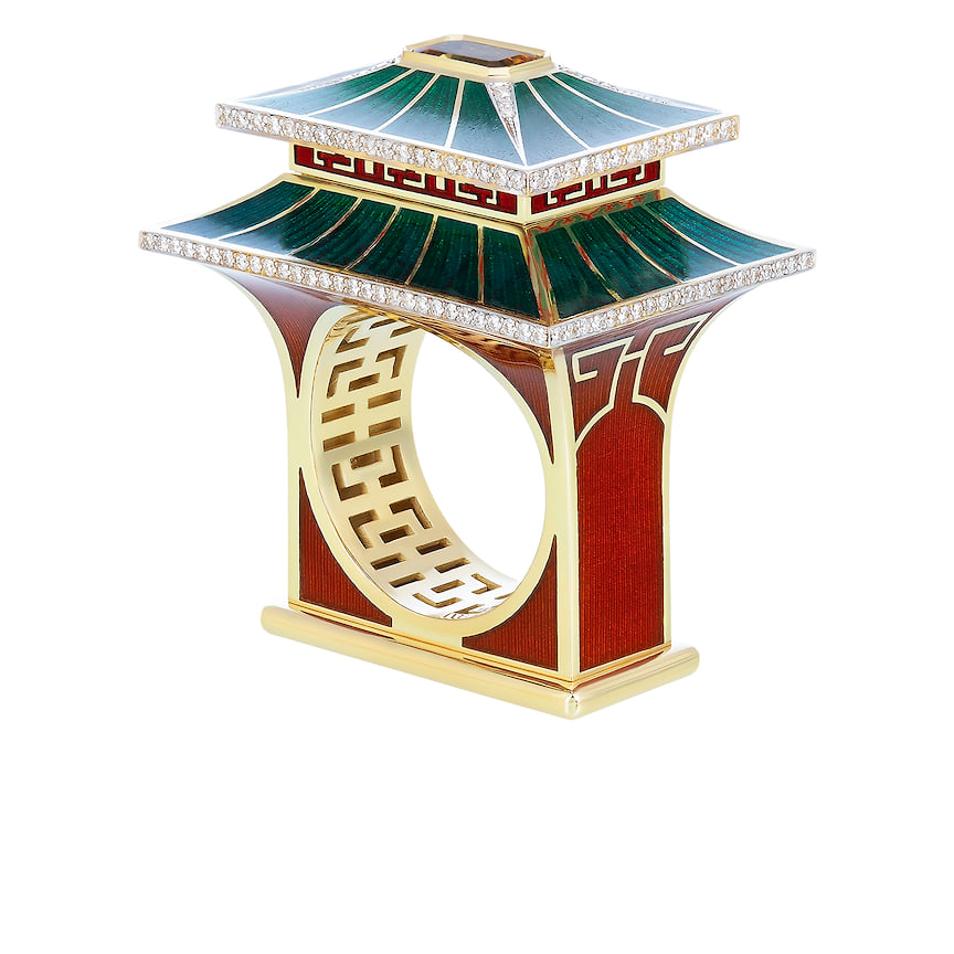 Ilgiz F., кольцо «Небесные врата» из коллекции Китай, золото, сапфир, бриллианты, эмаль, 2019 год