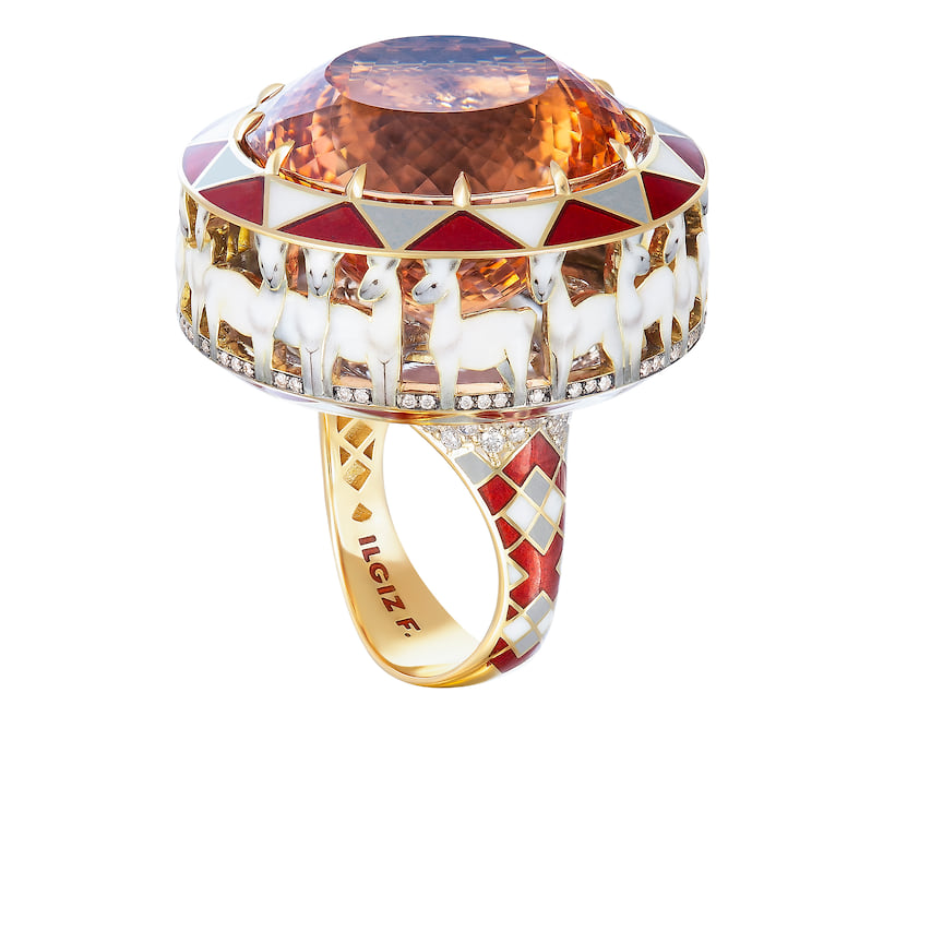 Ilgiz F., кольцо «Ламы» из коллекции Перу, золото, эмаль, бриллианты, морганит, 2020 год