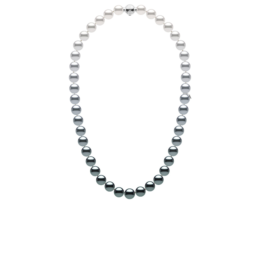 Mikimoto, колье, белое золото, разноцветный жемчуг, бриллиант