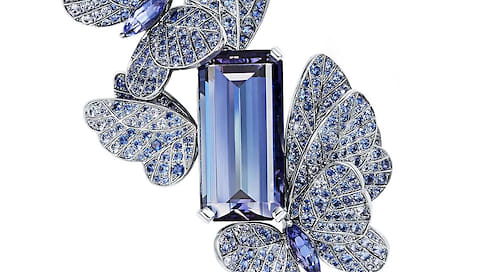 Tiffany & Co., брошь, платина, танзанит (27 карат), сапфиры (общим весом более 5 карат), бриллианты