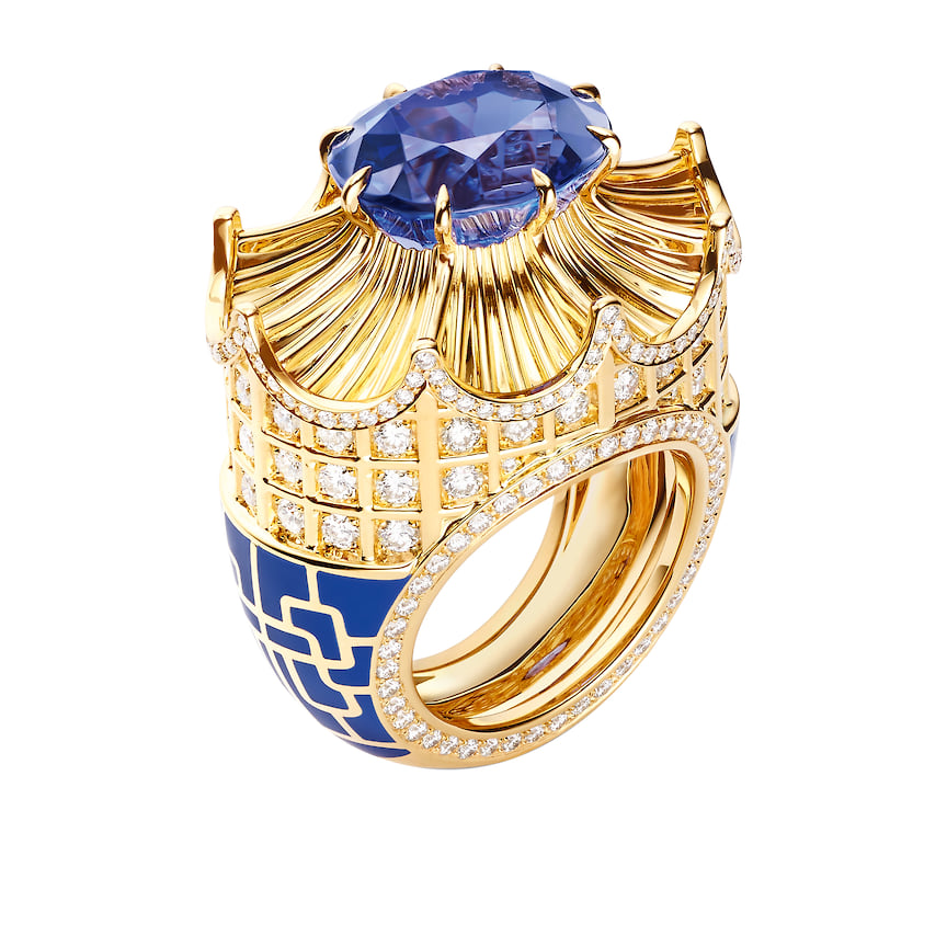 Chaumet, кольцо Qianlong, желтое золото, лак, танзанит (9,58 карат), бриллианты