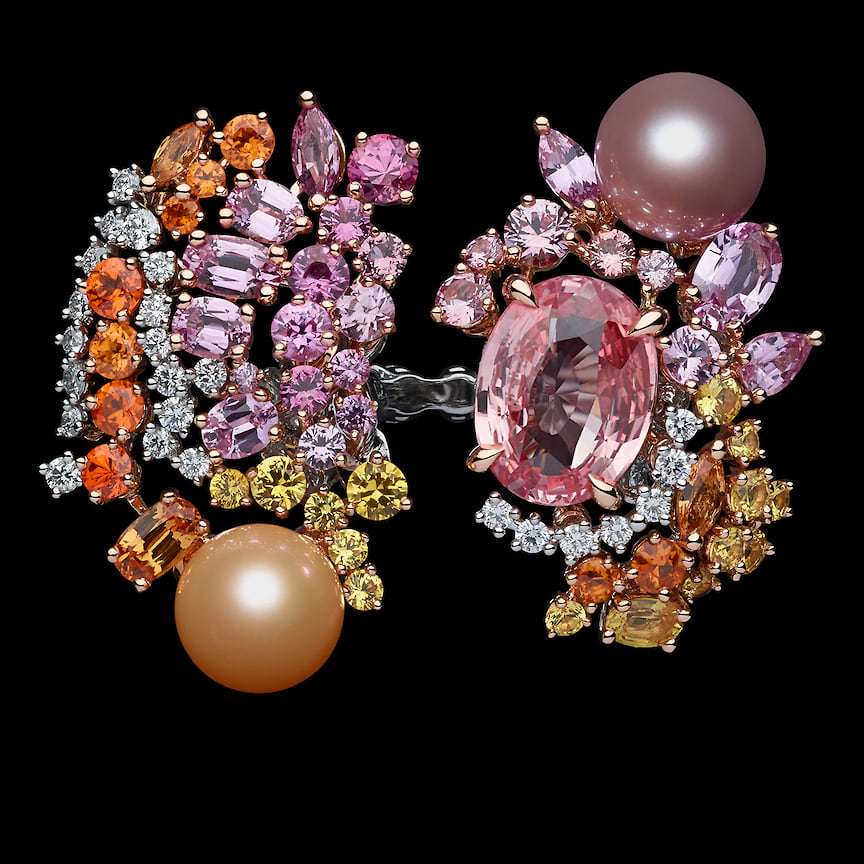 Dior Joaillerie, кольцо Tie &amp; Dior, розовое золото, платина, жемчуг, сапфиры падпарадша, спессартины, желтые сапфиры, бриллианты