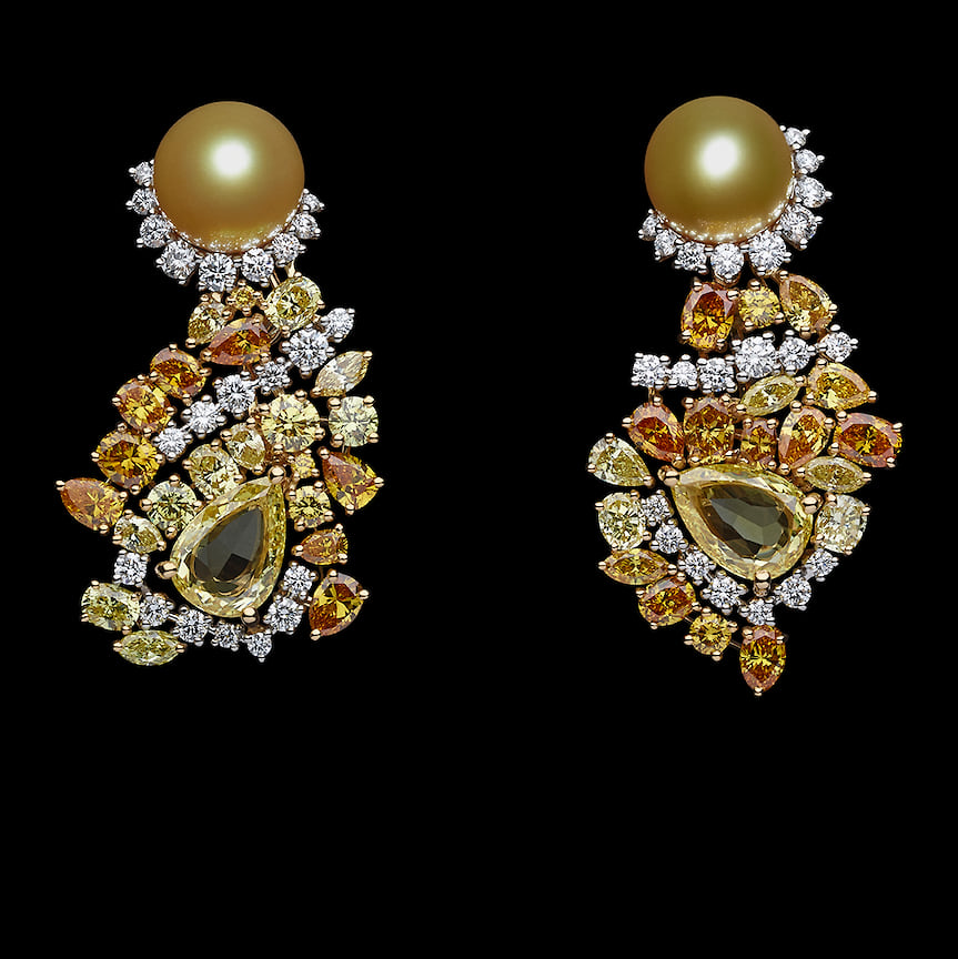 Dior Joaillerie, серьги Tie &amp; Dior, желтое золото, платина, жемчуг, бесцветные и желтые бриллианты