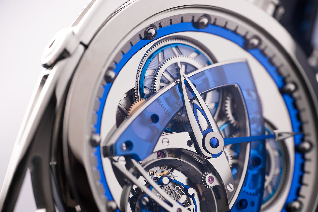 De Bethune, часы DB28 Steel Wheels Sapphire Tourbillon, 43 мм, титан, механизм с ручным подзаводом, запас хода 5 дней, водойстокость 30 м