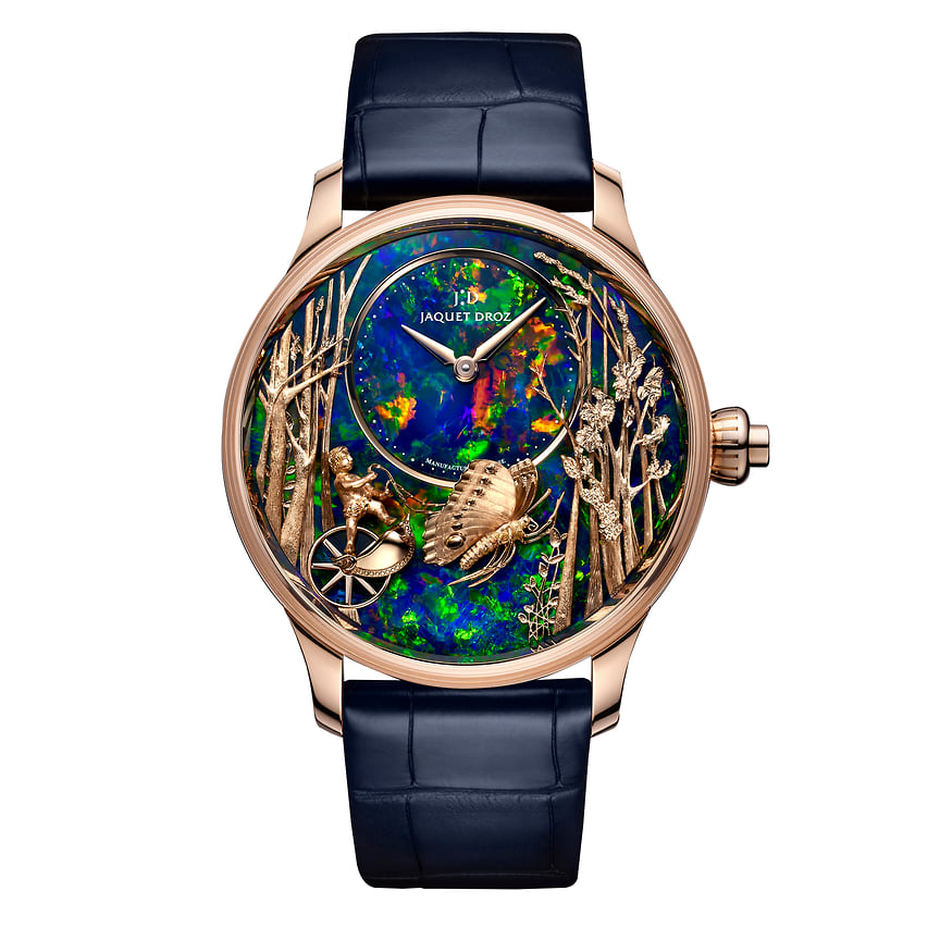 Jaquet Droz, часы Loving Butterfly Automaton, 43 мм, розовое золото, черные опалы, механизм с ручным подзаводом