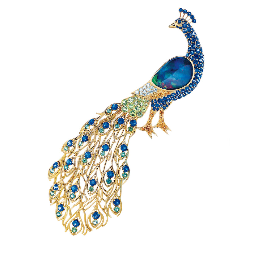 Tiffany & Co., брошь Peacock, желтое золото, черные опалы, зеленые турмалины, сапфиры, бриллианты