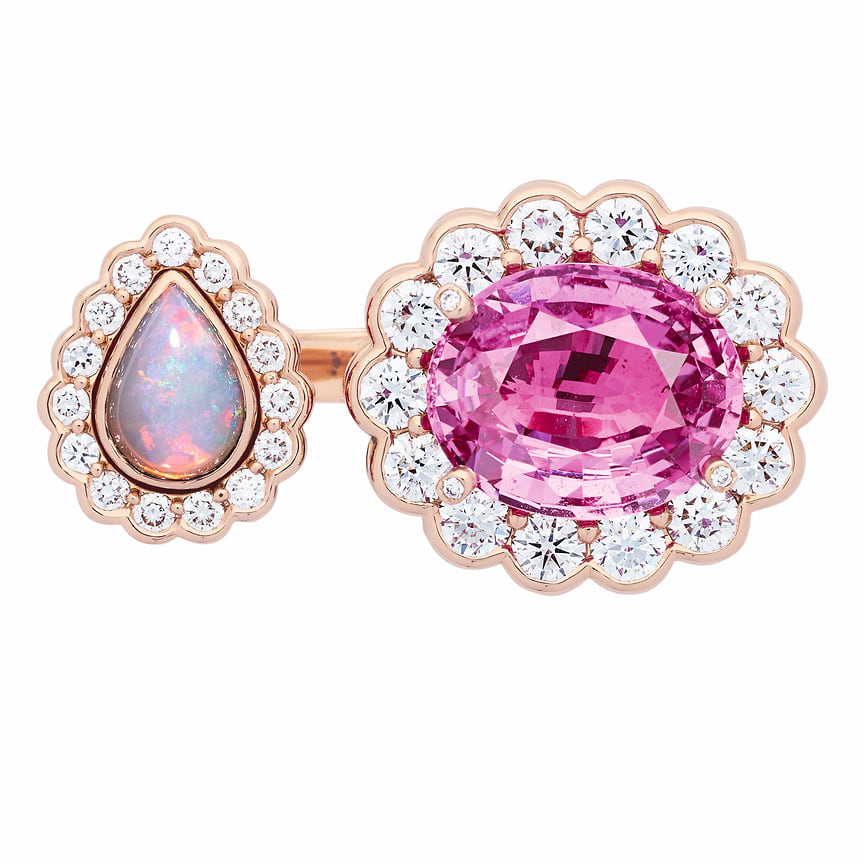 Dior Haute Joaillerie, кольцо Saphir Rose из коллекции Dior et Moi, розовое золото, розовыи? опал, розовыи? сапфир, лак, бриллианты