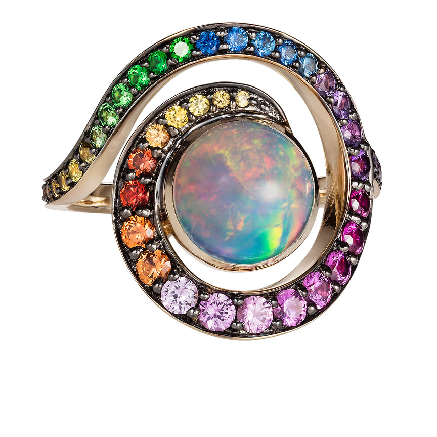 Noor Fares, кольцо Spiral, розовое золото, опал, разноцветные драгоценные камни