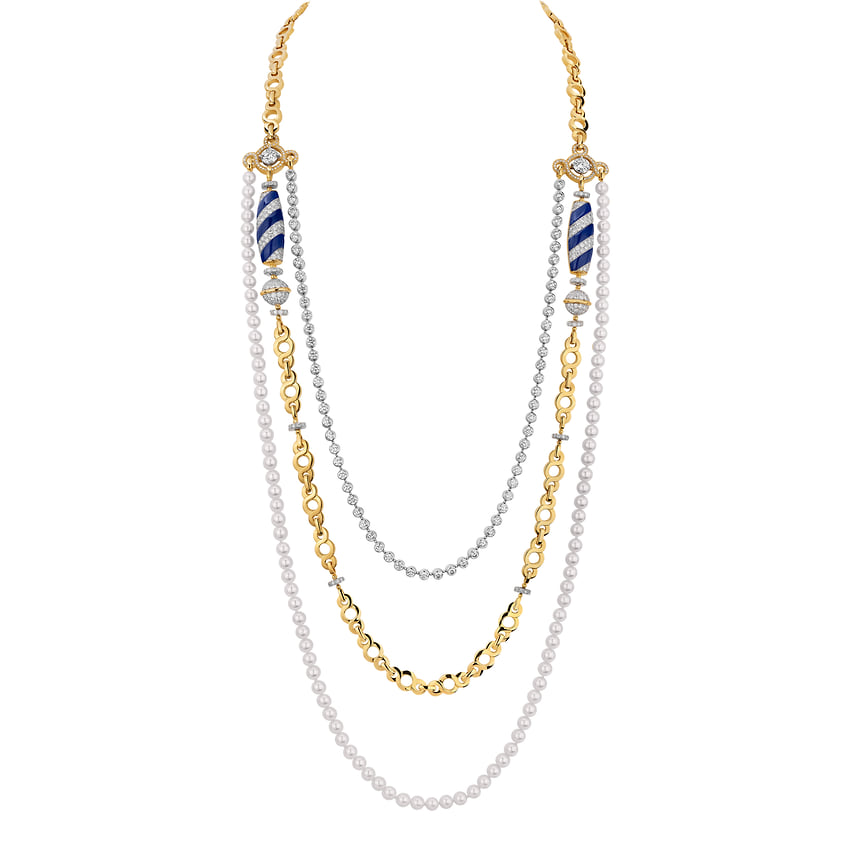 Chanel High Jewelry, колье Volute Venitienne, розовое и белое золото, ляпис-лазурь, бриллианты, жемчуг